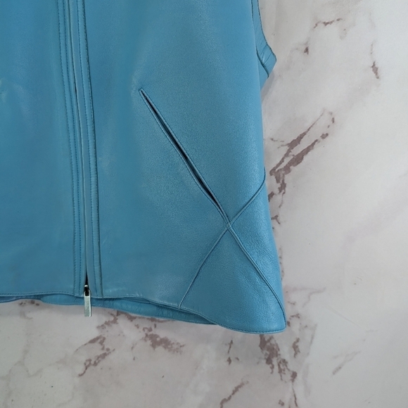 Vintage Leather Vest Womens Medium Blue Zip Turquoise Gilet Cropped 60s 80s Mod - Picture 4 of 9